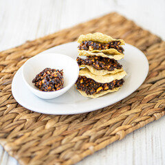 Healthy food together with friends. Fit recipes. Vegan dishes. Corn tortillas. Tasty