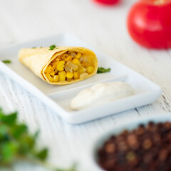 Healthy food together with friends. Fit recipes. Vegan dishes. Corn tortillas. Tasty