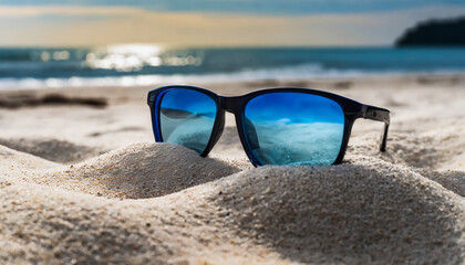 Blue Frame Sunglasses on Sandy Beach
