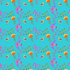 light blue spring seamless pattern, flat flowers, birds