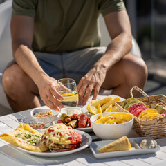 Healthy food together with friends. Fit recipes. Vegan dishes. Corn tortillas. Tasty