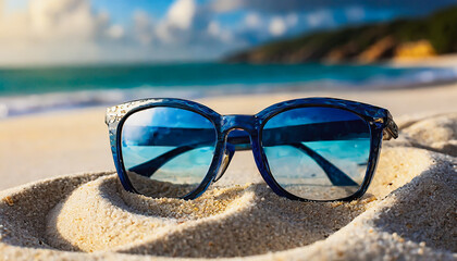 Blue Frame Sunglasses on Sandy Beach
