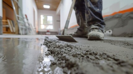 Plasterer smoothing concrete with a screed in a closeup view at a construction site