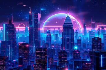 view of the city, A cyberpunk cityscape: the glowing circle lines form skyscrapers against the...