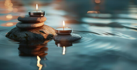 calm background for music for reiki session with candles, stones and water