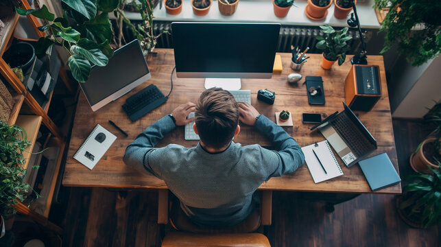 Businessman brainstorming ideas in a minimalist workspace
