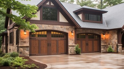 Fototapeta premium This beautiful residential garage showcases elegant wooden doors and stonework, nestled in a serene neighborhood surrounded by lush greenery, perfect for a peaceful afternoon at home