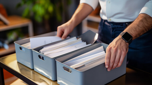 Office worker organizing paperwork in minimalist storage bins