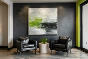 living room interior, A minimalist hotel suite: the lime green accent wall transformed into a sleek charcoal gray. The leather armchairs invite guests to unwind, while the abstract art adds intrigue.