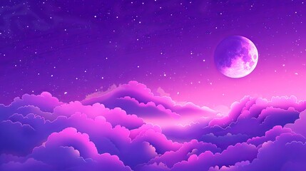 Purple gradient mystical moonlight sky with clouds and stars, an awe-inspiring image of the night sky, where the moon and stars create a symphony of light.