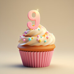 A pink cupcake with a creamy swirl and the number 9 decoration on top on beige background in 3d style.