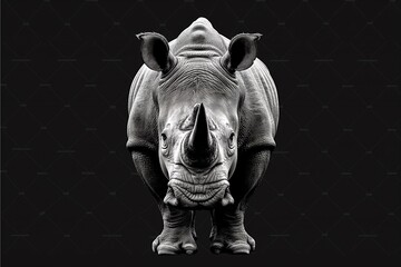 A black and white close-up portrait of a rhino isolated against a black background