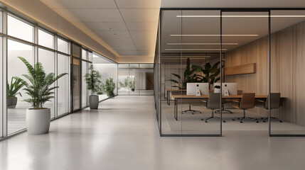 Minimalist office space with sliding glass doors