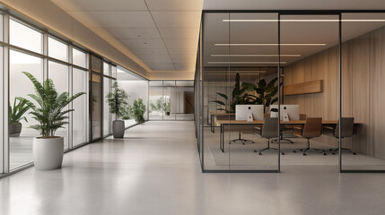 Fototapeta premium Minimalist office space with sliding glass doors