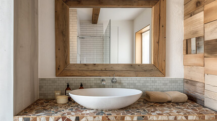 Rustic Chic Bathroom Interior with Large Wooden Mirror and Elegant Basin