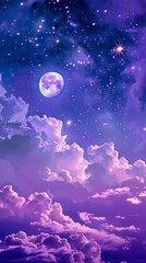 Purple gradient mystical moonlight sky with clouds and stars, a breathtaking view of the celestial spectacle, where the moonlight dances with the stars.