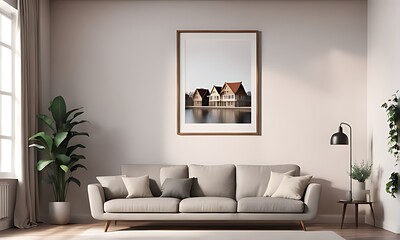  Frame mockup, Living room wall poster mockup. Interior mockup with house background. Modern interior design. 3D render 