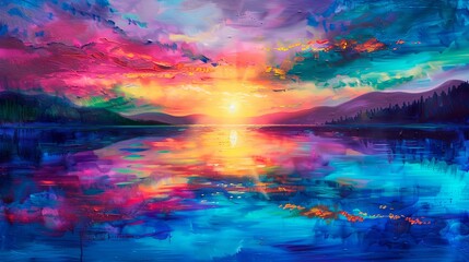 An image of a vibrant sunset over a serene lake, with colorful reflections shimmering on the water, portraying the calm and soothing ambiance of dusk