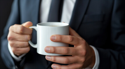 Business professional sipping coffee from a minimalist mug during a break