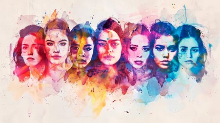 Portrait of a group of Women in watercolor effect, a watercolor masterpiece highlighting the spirit of womanhood