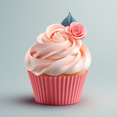 A finely decorated cupcake with pink rose-shaped frosting, set against a soft gray background for Valentine's day or wedding.