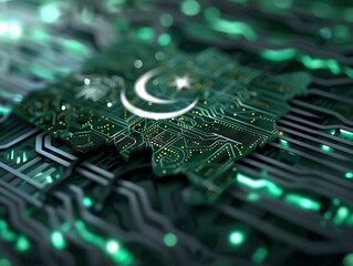 Futuristic 3D flag of Pakistan, featuring digital Islamic motifs and tech innovation themes