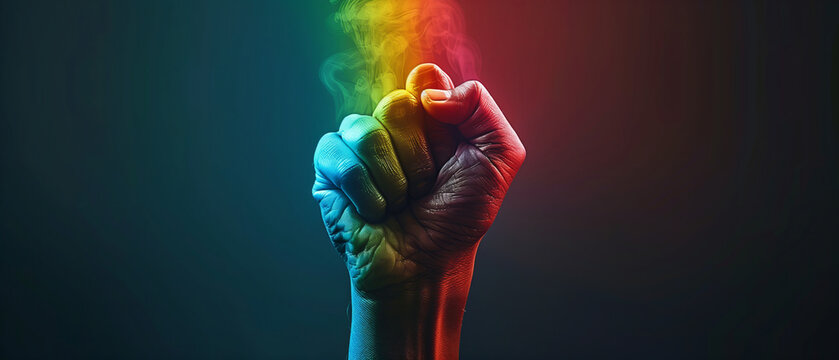 Fist of power, a hand with a raised fist in rainbow colors on a dark background, symbolizing diversity and environmental awareness, pride month theme