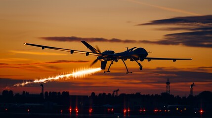 Jet Black Unmanned Aerial Vehicle (UAV) Launching at Dusk, Focus on Drone Technology