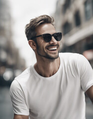 Fototapeta premium Portrait of happy man in white t-shirt and wearing sunglasses, isolated on white background 