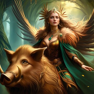 Freya, the Norse goddess of love and war, rides atop a wild boar through a mystical forest. Adorned with the golden necklace Br&iacute;singamen and a cloak made of soft falcon feathers. Generative AI
