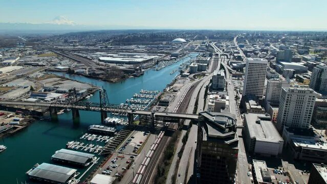 Sunny Day Drone Flight Over City Buildings in Tacoma Washington