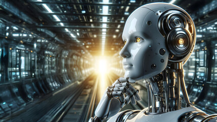 Humanoid robot in thoughtful pose on an out of focus technological background