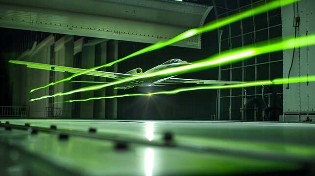 High-Speed Aerospace Wind Tunnel, Testing a Model Plane with Luminous Lime Green Streaks