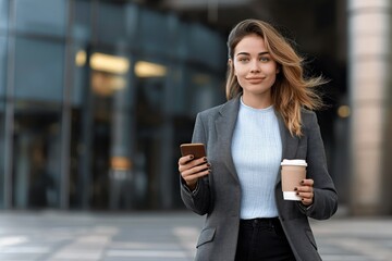 Fototapeta premium Smiling woman using phone with coffee