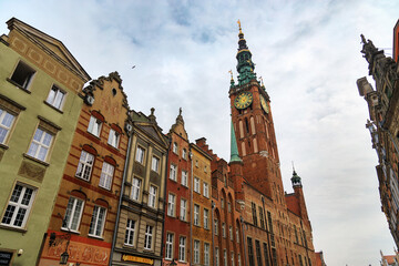Clock tower in the old town of Gdansk, Poland