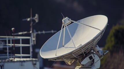 White Satellite Dish Communicating with Distant Spacecrafts, Focus on Deep Space Communication