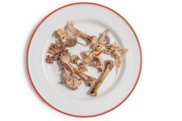Food scraps. Chicken bones on white plate.	