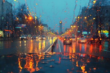 Fototapeta premium Blurred traffic lights on rainy city street