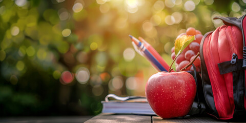 A red apple sits on a table next to a pencil and a book - Powered by Adobe