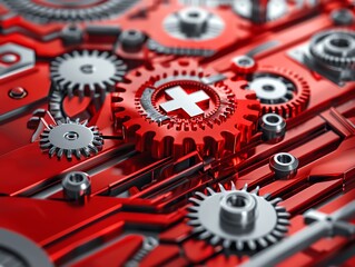 Futuristic 3D flag of Switzerland, featuring precision machinery and clockwork in a digital and techfocused style