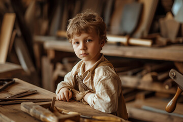 Fototapeta na wymiar A young boy is sitting at a table in a workshop, wearing a vest