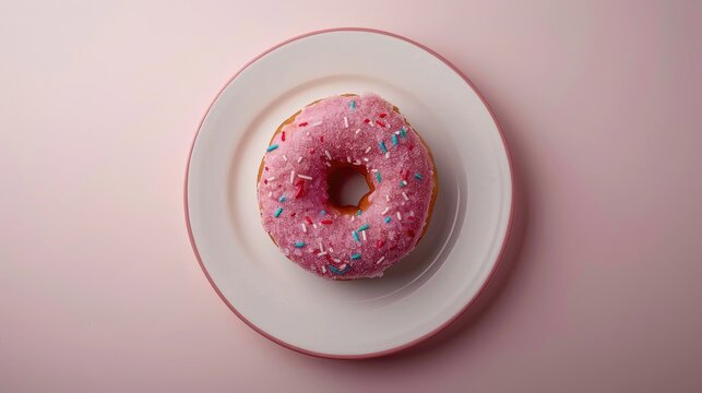A donut on a plate displayed against a white backdrop