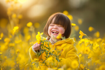 Fototapeta premium A young girl is smiling and laughing in a field of yellow flowers
