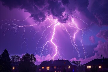 Dramatic Purple Sky With Intense Lightning Strikes