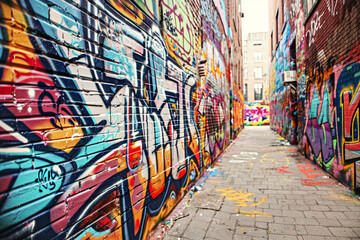 Bold lines of graffiti adorning the walls of an urban alleyway, with vibrant colors and abstract...