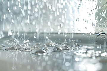 Digital raindrops cascading down a virtual window, refracting light and casting intricate patterns on a white surface.