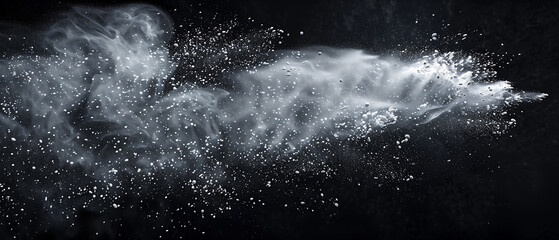 long white particles like spray on black background, very panoramic photo, special product backgrounds