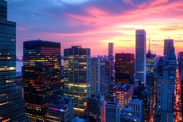 Fototapeta premium The city lights begin to twinkle as the sun sets, casting a warm glow over the urban landscape below