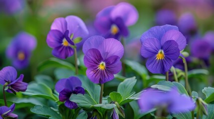 Close up image of multiple purple Viola tricolor flowers with heart shaped petals and green foliage