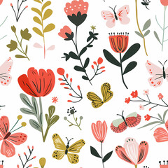 Colorful Minimalistic Floral Seamless Pattern with Red, Yellow, and Green Flowers and  Butterflies on White Background